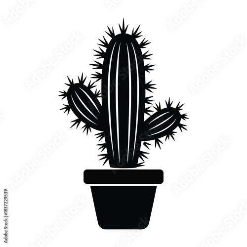 Monochromatic flat black silhouette of prickly desert cactus plant growing in flowerpot representing southwestern botany icon