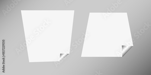 Square white sticky note paper pack, cut out. Empty oblong sticky label mockup with curl. Clear adherent tag template for glass door or wall. Random shifted white cube boxes block background . vector.