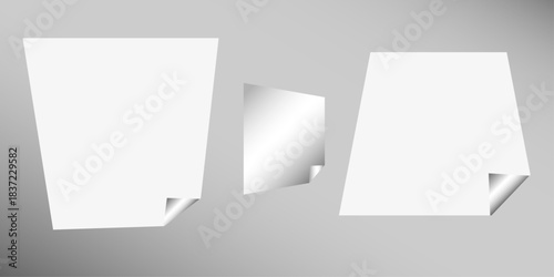 Square white sticky note paper pack, cut out. Empty oblong sticky label mockup with curl. Clear adherent tag template for glass door or wall. Random shifted white cube boxes block background . vector.