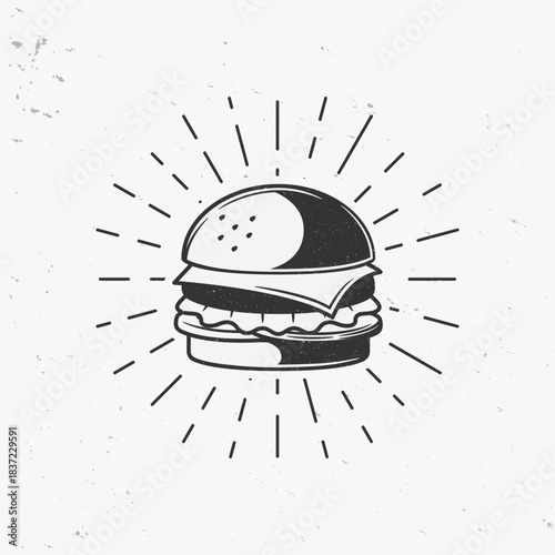 Burger icon with light rays. Vintage Hamburger with grunge effect. Vector illustration