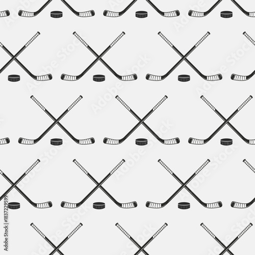 Ice Hockey background. Ice Hockey seamless pattern. Hockey sticks, cues with puck isolated on white background. Vector illustration.