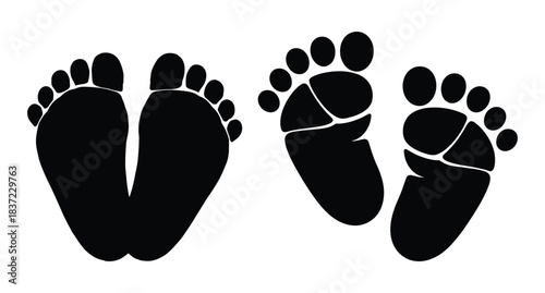 Set of four newborn baby footprints vector silhouette showing adult soles and infant feet prints symbol of parenthood