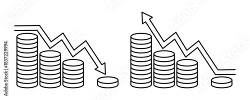 Inflation and the economic crisis icon set vector. Financial market crash. Black line arrow up down on the chart is pointing. Plot a graph on the stacks of coins for the recession concept.