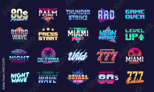 20 Colorful neon logo designs. Vector logo set in Retro 80s style. Retrowave logos set for Night club, Casino, music album, party invitation designs. Print for t-shirt. Vector illustration