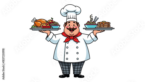 Friendly cartoon chef character holding trays of delicious food