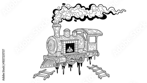 Surreal, melting steam train with a fireplace and smoke, isolated on white.