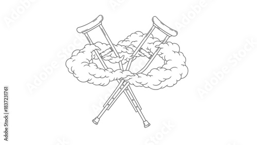 Crutches crossed in swirling clouds, symbolizing recovery, healing, and overcoming obstacles.