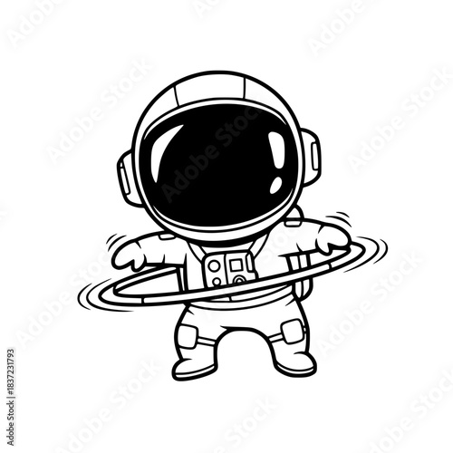 Cute Astronaut Hula Hooping Line Art Illustration. Kawaii Cartoon Black and White Vector Icon for Fitness, Fun, or Playful Activity Logo. Generative AI