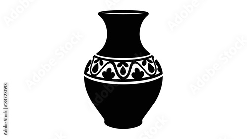 Decorative black ceramic vase with ornate white pattern, isolated on white background.