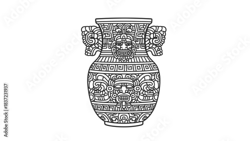 Ancient aztec ceramic vase illustration with intricate tribal faces and geometric patterns, isolated