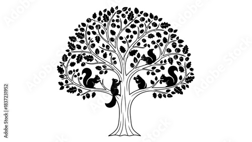 Stylized black silhouette of a majestic oak tree with acorns and five playful squirrels climbing branches