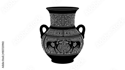 Intricate celtic knot and animal design on ancient amphora vase illustration