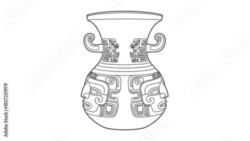 Ancient artifact illustration with intricate faces and animal motifs, isolated on white.