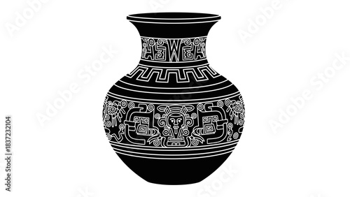 Ancient incan ceramic vessel with intricate tribal patterns and anthropomorphic face motif isolated