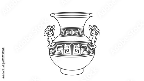 Ancient ceramic vase with geometric patterns and animal head handles on white background