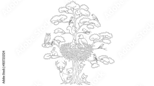 Forest animals and birds illustration in a tree, isolated for design on white background