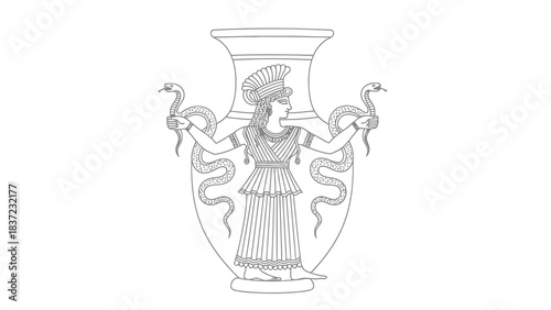 Minoan snake goddess with serpents on ancient ceramic vase illustration