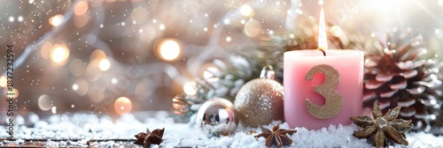 Gaudete Sunday concept: Third Advent Sunday panoramic banner: pink rose candle with gold number 3 and copy space. Advent  bokeh lights background