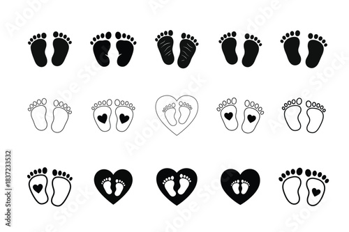 Baby Footprints with Heart Shapes Icon Collection Vector Illustration