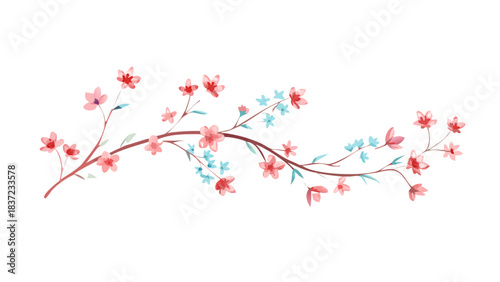 Cherry blossom branch with red and blue flowers on white background