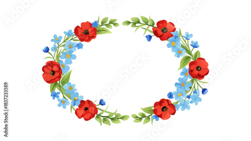 Oval wreath with red poppies and blue flowers