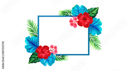 Tropical floral frame with red hibiscus and blue flowers