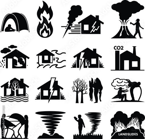 Icons representing natural disasters and emergency situations symbol