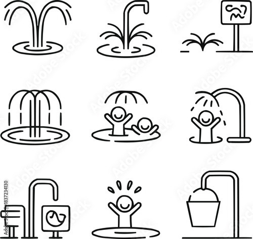 Water Play Area Outline Icons  Splash Pad, Sprinklers, and Shallow Pools