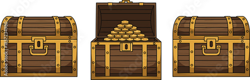Vector Collection of Three Cartoon Treasure Chests, Including an Open Chest Overflowing with Gold Coins, Ideal for Piracy, Gaming, Hidden Riches, and Adventure Concepts.