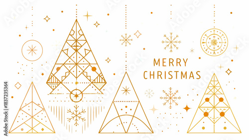 Geometric christmas trees and snowflakes with merry christmas text