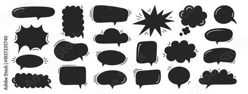 Crayon speech bubble set. Chat talk boxes. Chalk draw silhouette frames. Kid doodle dialogue balloon cloud. Pencil drawing, black thought elements on white background. Vector illustration
