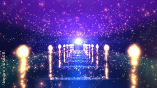 Futuristic digital neon tunnel with glittering gold lights leading to a bright white destination in purple space