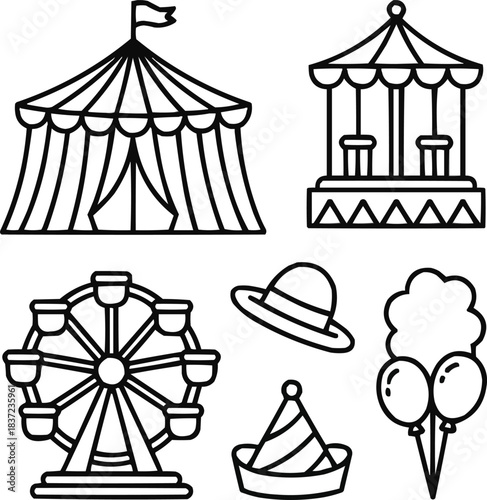 Circus Tent Outline Icons  Carnival Flags, Striped Canopy, and Festival Fun