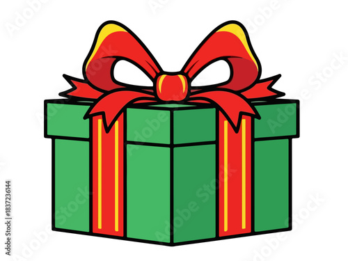 Vibrant green gift box with a big red ribbon isolated black