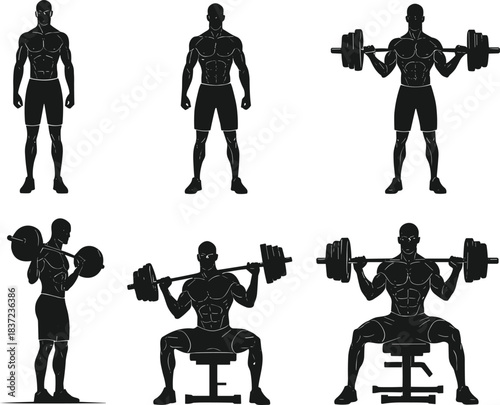 Weightlifting silhouette illustration, muscular man with barbell, fitness training, strength workout, gym exercise, black vector art, bodybuilding pose