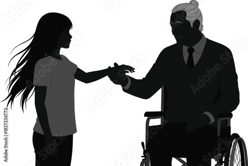 Wheelchair interaction, elderly person, young support, silhouette gesture, black and white, empathy, connection, accessibility, intergenerational moment, inclusive illustration