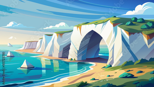 Dramatic white cliffs rising above a peaceful shoreline, featuring a stunning natural sea arch. A serene and iconic coastal landscape known for its breathtaking geological formations