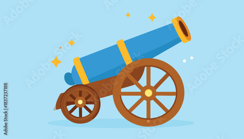 A cartoon illustration of a blue cannon with golden accents and wooden wheels, set against a light blue background with sparkles.