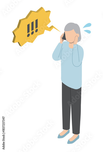 電話からの強い口調に慌てるシニア女性・アイソメトリック