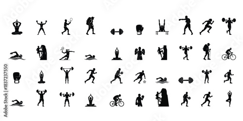Sport and Fitness Icon Set  Silhouette Exercise and Training Illustrations