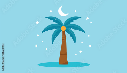 A cartoon palm tree with a crescent moon and sparkling stars against a light blue sky, depicting a serene tropical night scene.