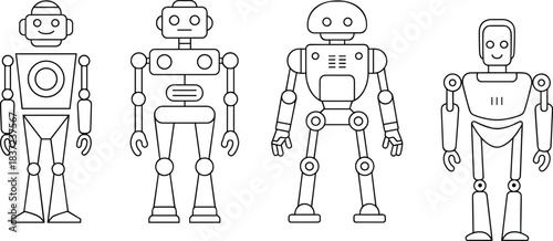 Flat vector illustration of cartoon robots, black outline mechanical characters, geometric shapes, claw hands, antenna heads, futuristic design set
