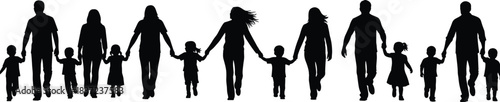 Flat vector illustration of diverse people holding hands, black silhouette group, children and adults together, unity, community, support concept set