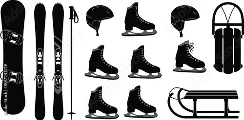 Winter sports gear, ski silhouettes, snowboard, ice skates, sleds, helmets, black and white, equipment set, cold season, outdoor activityWinter sports gear, ski silhouettes