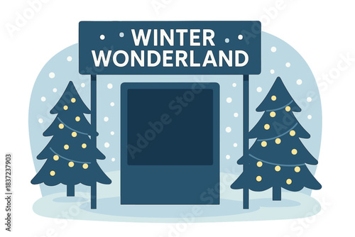 A photo booth set in a winter wonderland, with a snowy backdrop and illuminated trees