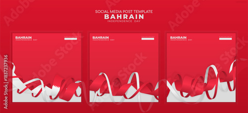 Set of carousel posts background with realistic red white flag ribbons, suitable for Bahrain independence day