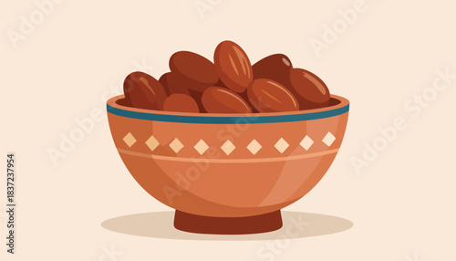 A brown ceramic bowl filled with ripe, sweet dates, set against a light background.
