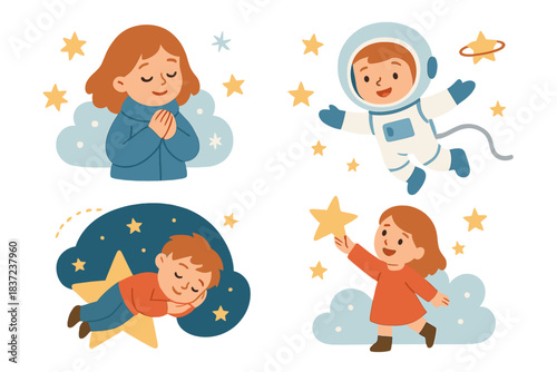 A magical winter collection featuring children making wishes, a cosmonaut child in space, dreaming of stars, with vector illustrations for kids' projects and storytelling