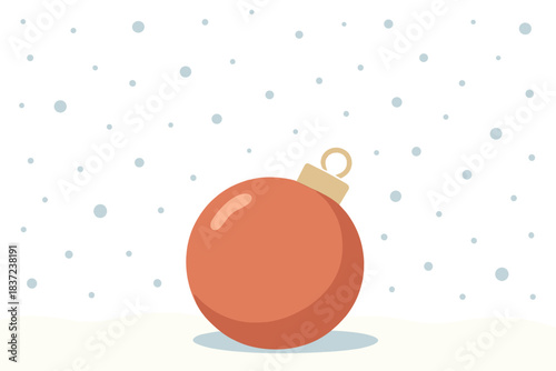 A glass bauble rests on the snow while snowflakes fall and lights shift in the background, looping for one minute