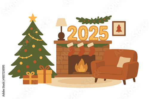 A postcard showcasing 2025 symbols and numbers, depicting a snug Christmas living room adorned with festive decorations and a radiant 2025 sign, created by AI